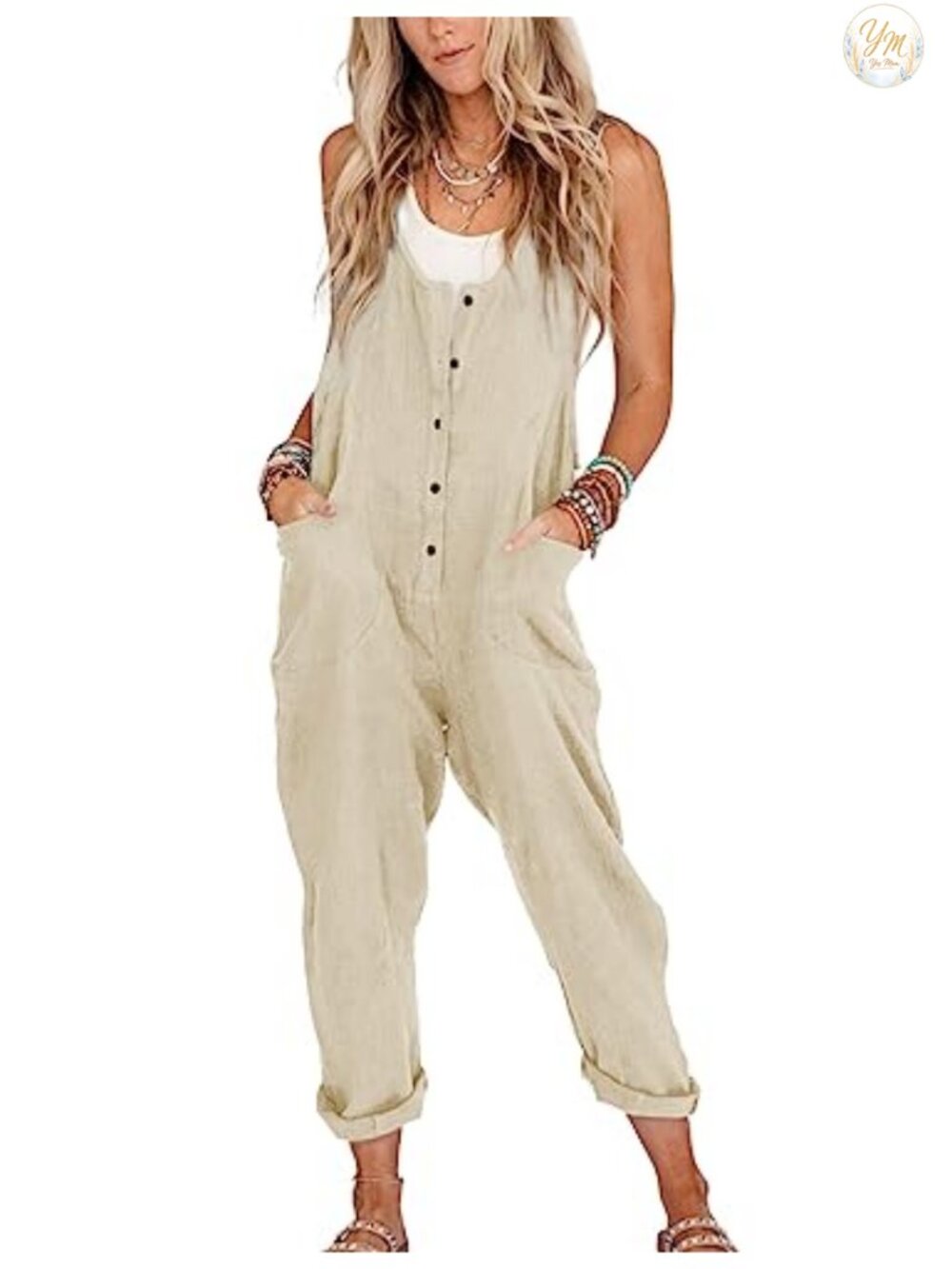 Linen Cotton Overalls Women Loose Jumpsuit Pockets Casual